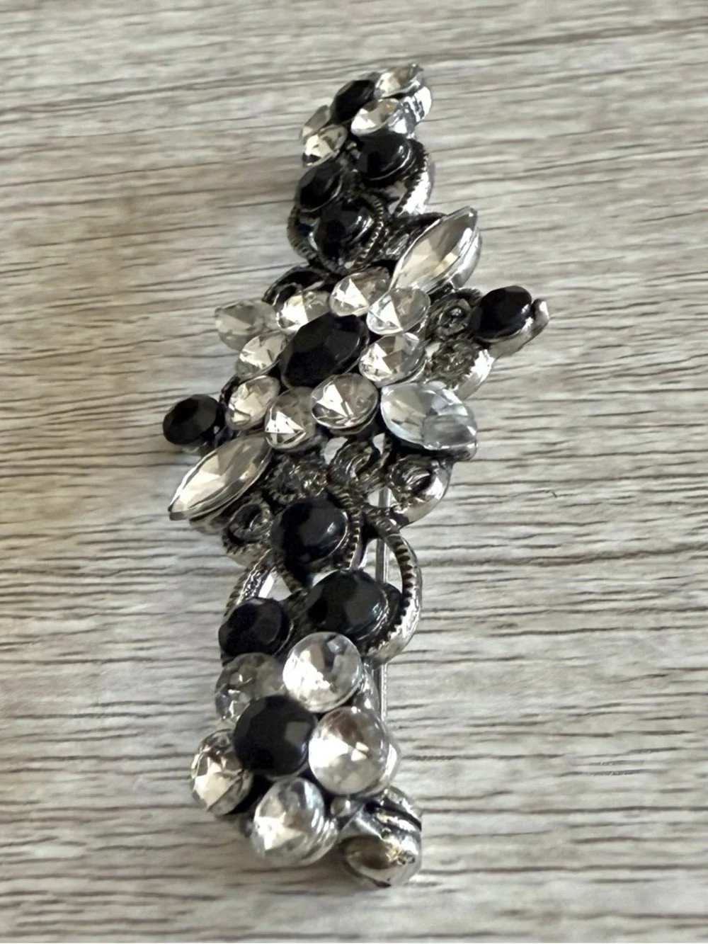 Vintage 1980s Black and Clear Rhinestone Brooch Pin Art Deco Avant Garde